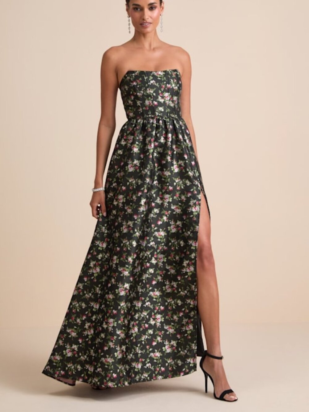 Lulus Rainie Black Floral Jacquard Strapless Lace-up Maxi Dress - Size S
